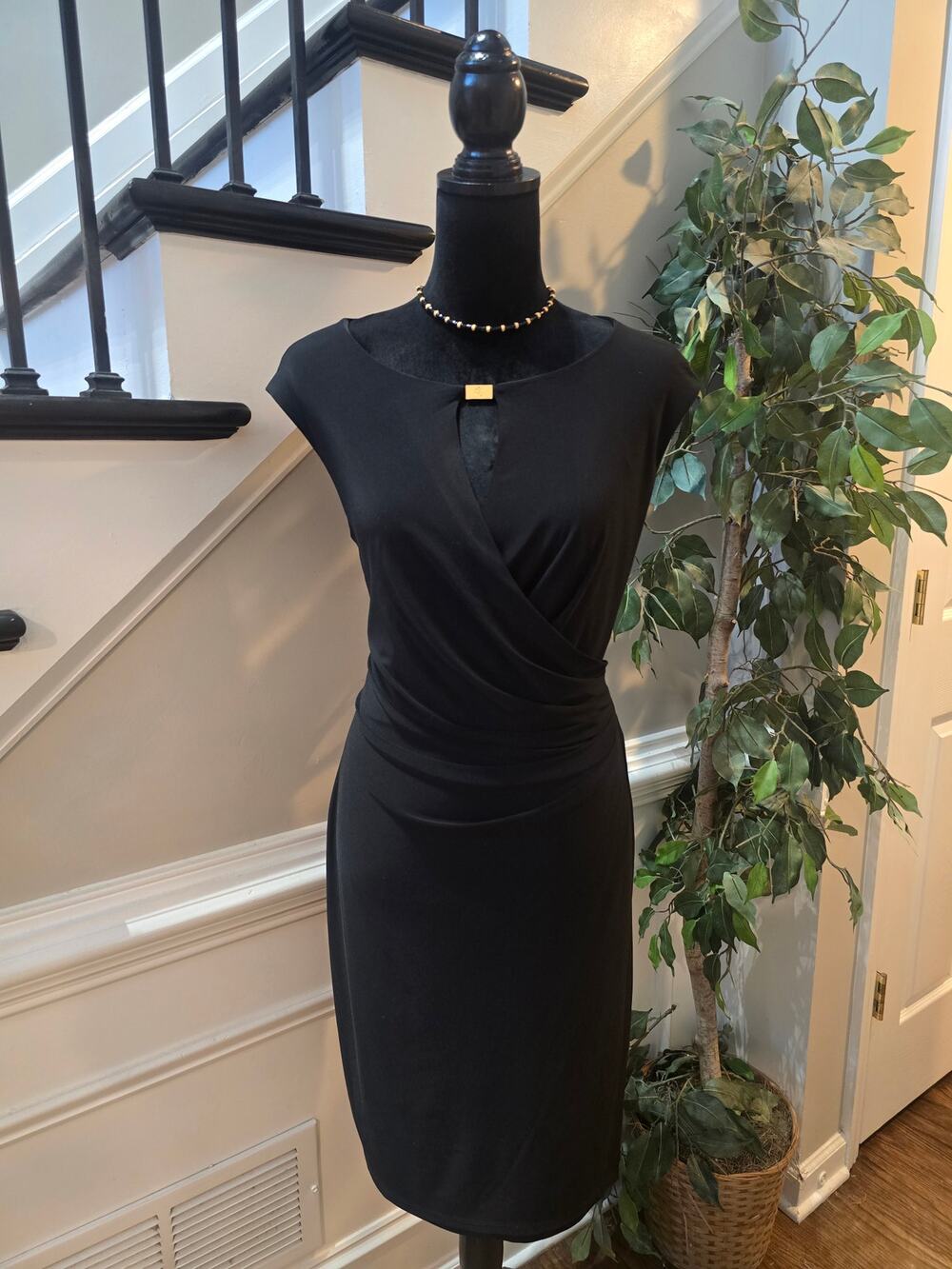 Lauren Ralph Lauren Cocktail Dress Women SZ 14 Black Faux Wrap Boat Neck Keyhole